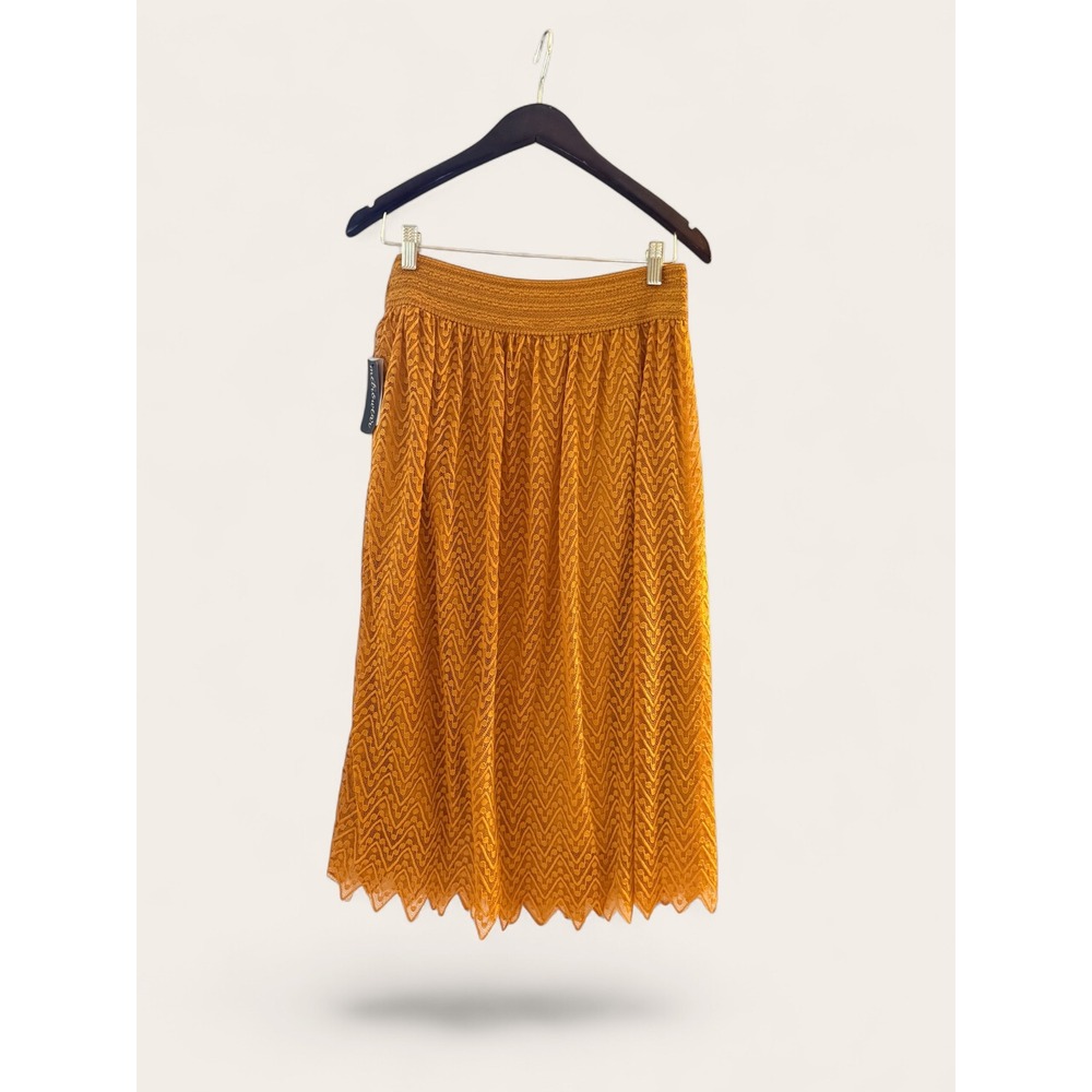 NWT Mustard Yellow Chevron Lace Midi Skirt Smocked Waist Boho Scalloped Hem